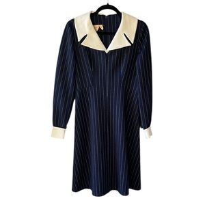 David Warren Vintage Sz M Navy Pinstripe Midi Dress Peter Pan Collar Fit & Flare